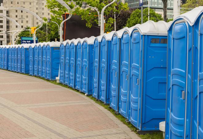 a clean and modern portable restroom unit for use during weddings and outdoor receptions in Bingham Farms